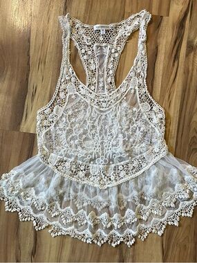 Roommates Ivory Crochet Lace Tank Top - Boho Sheer Racerback Festival M